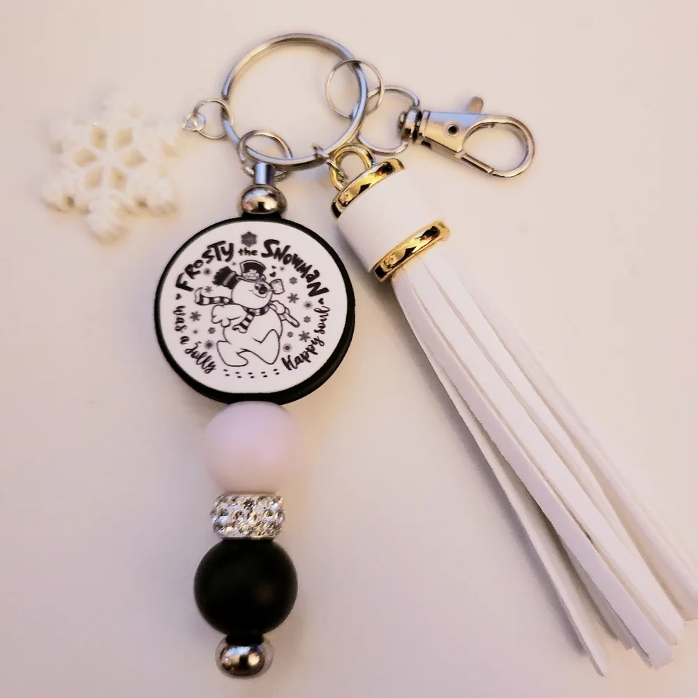 Handmade Glow In Dark Silicone Focal Beaded Retro Frosty The Snowman Keychain